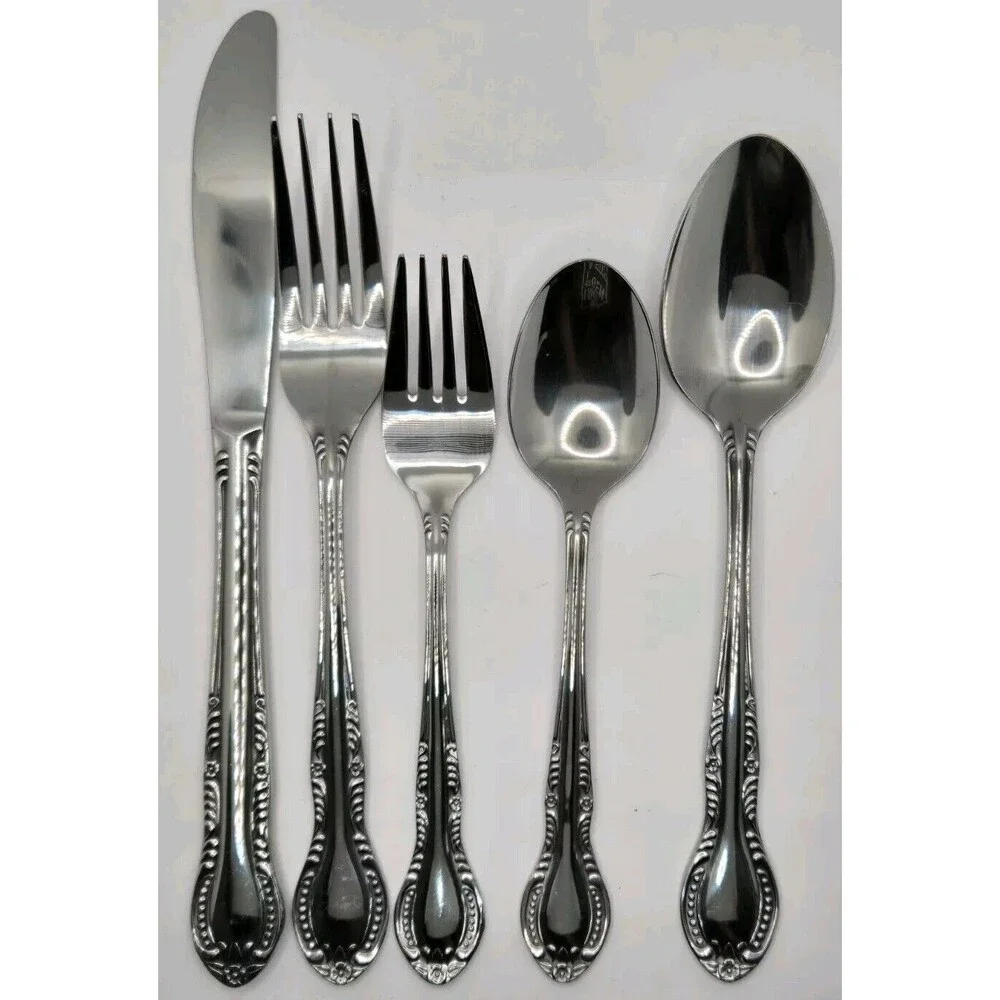 Vintage Stainless Flatware Spoon Knife Fork Columbia Japan Beaded Edge Set of 4